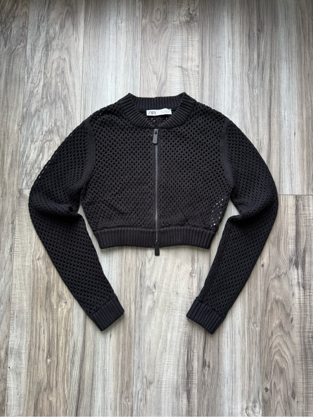 Zara Black Cropped Knit Cutwork Bomber Jacket